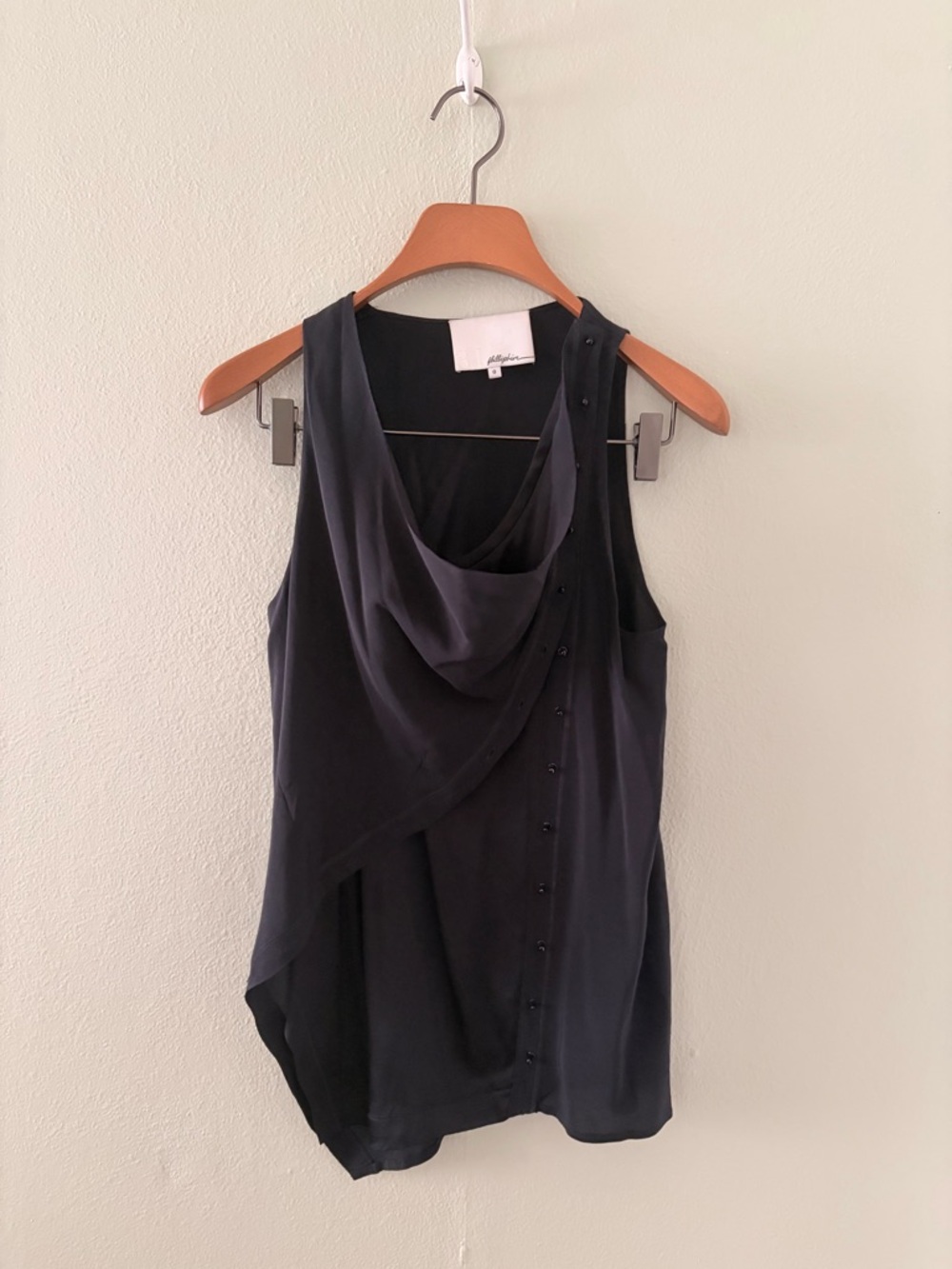 3.1 Phillip Lim Black Silk Top with Cowl Neck and Button Detailing